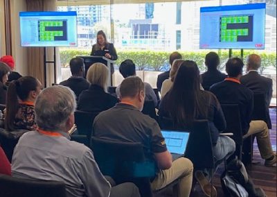 A group of people utilizing construction management software while sitting in front of a large screen.