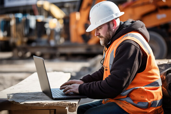 A construction worker in a hard hat and safety vest types on a laptop at a construction site with heavy machinery in the background. A construction worker in a hard hat and safety vest types on a laptop at a construction site with heavy machinery in the background.